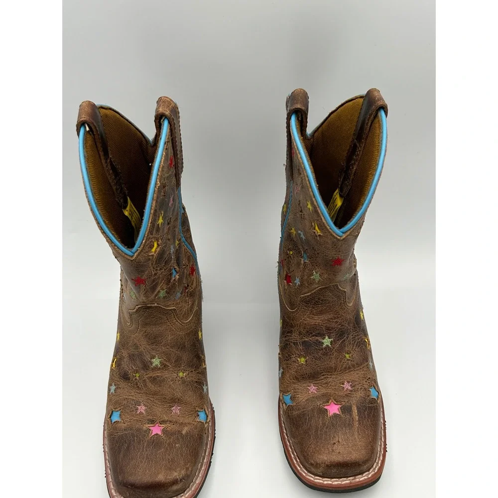 Dan Post Kids Brown Leather Star Embroidered Western Cowboy Boots Square Toe